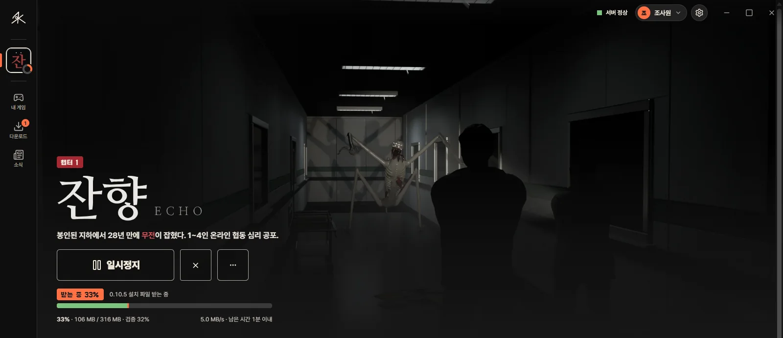 잔향 게임 화면에서 설치 파일을 받는 중. 진행 막대 33%, 106 MB / 316 MB, 5.0 MB/s, 남은 시간 1분 이내